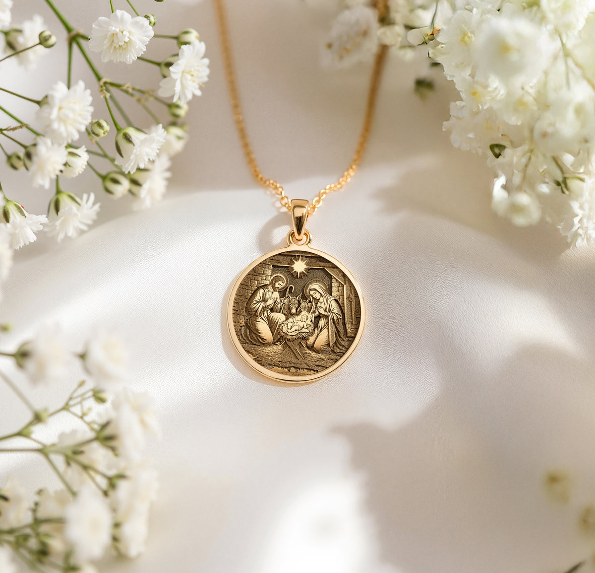 Holy Family Nativity Scene Pendant Necklaces 14K 14K Gold Plated pendant necklace featuring a round religious scene design.