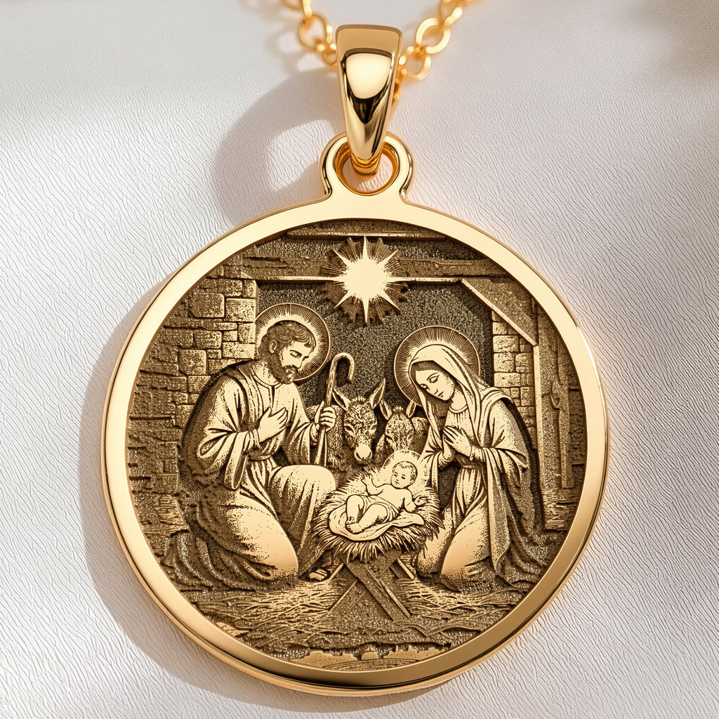 Holy Family Nativity Scene Pendant Necklaces 14K 14K Gold Plated round pendant featuring a religious scene of Joseph and baby Jesus with a sunburst background