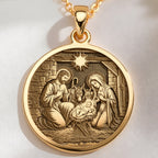 Holy Family Nativity Scene Pendant Necklaces 14K 14K Gold Plated pendant featuring Saint Joseph and baby Jesus in a circular frame necklace