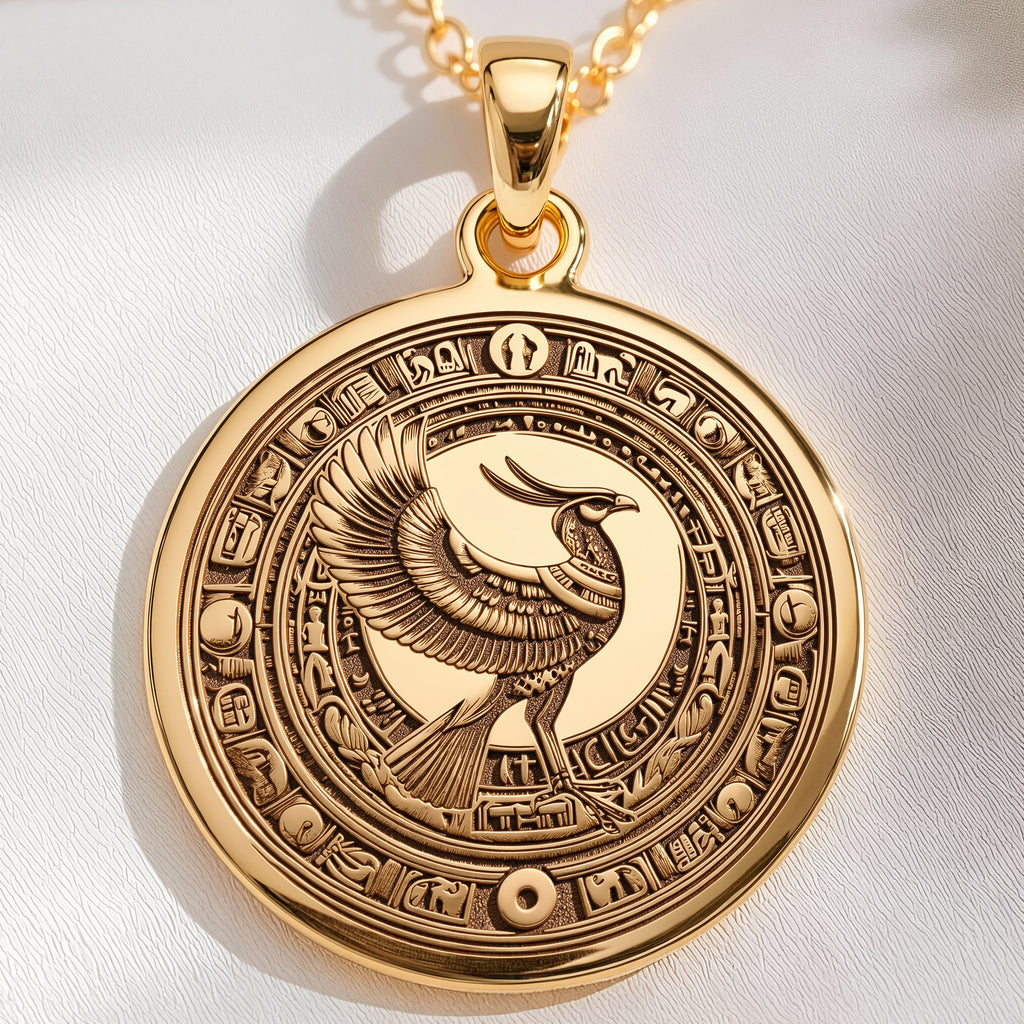 14K solid gold Horus Falcon God Pendant: round  of Horus Egyptian sky god with engraved...
