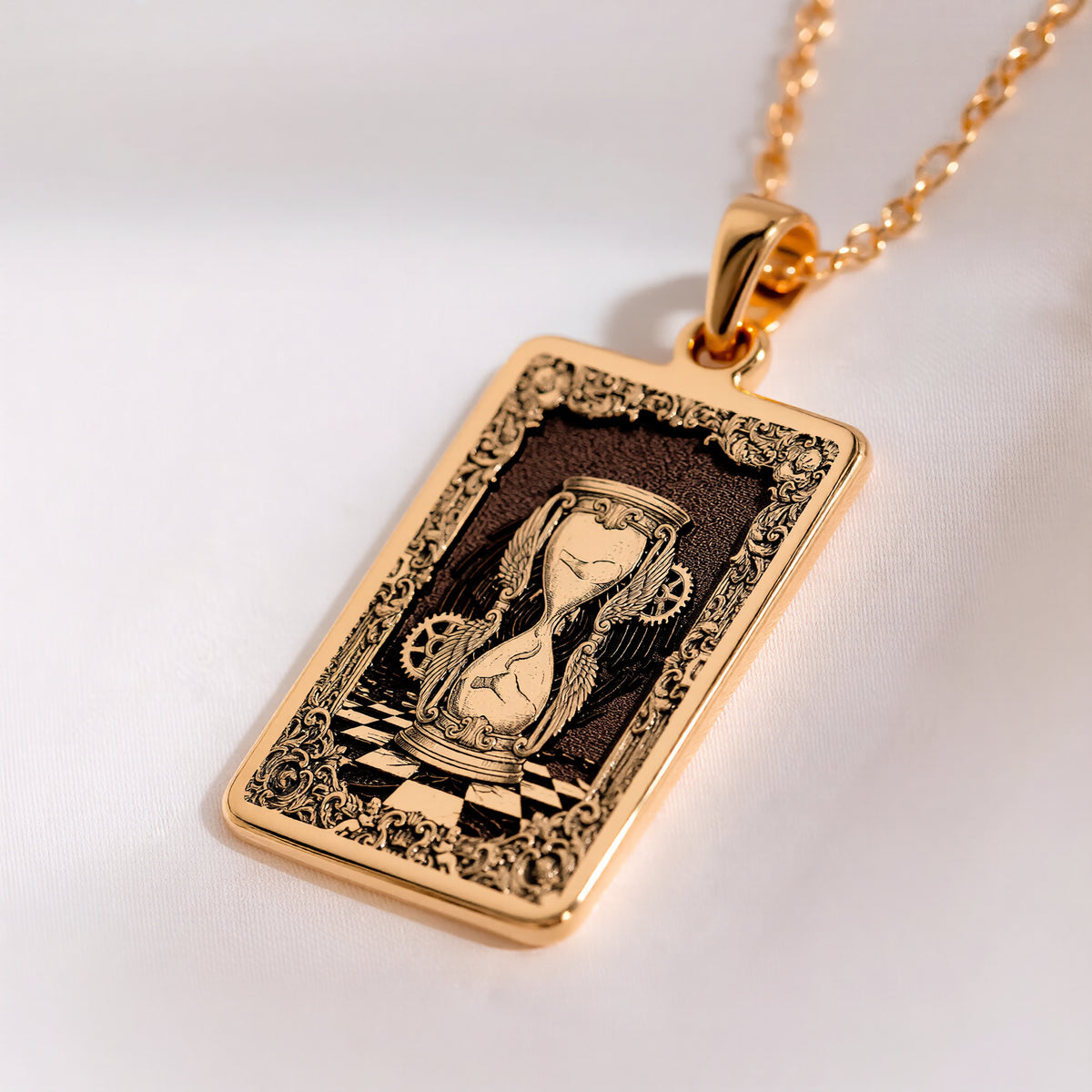 Hourglass Sands of Time Necklace Necklaces 14K 14K Gold Plated framed portrait pendant necklace with intricate filigree design