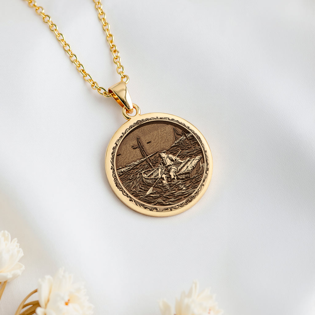 Huckleberry Finn Raft Scene Pendant Necklaces 14K 14K Gold Plated pendant necklace featuring a round nautical scene of a boat on water.