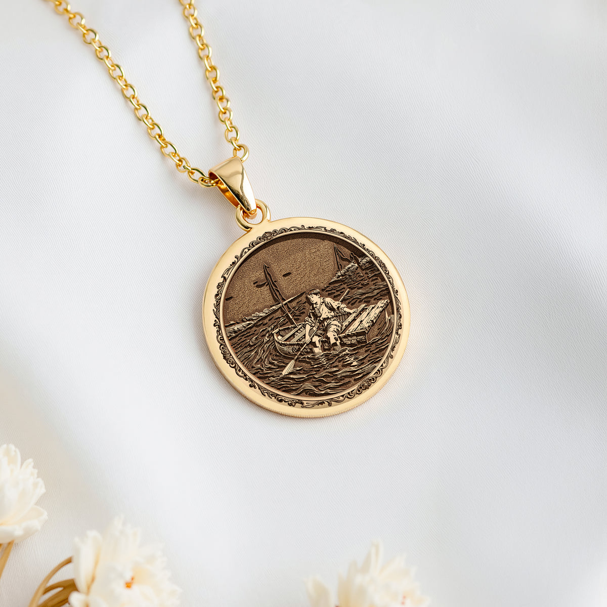 Huckleberry Finn Raft Scene Pendant Necklaces 14K 14K Gold Plated pendant necklace featuring a round nautical scene of a boat on water.