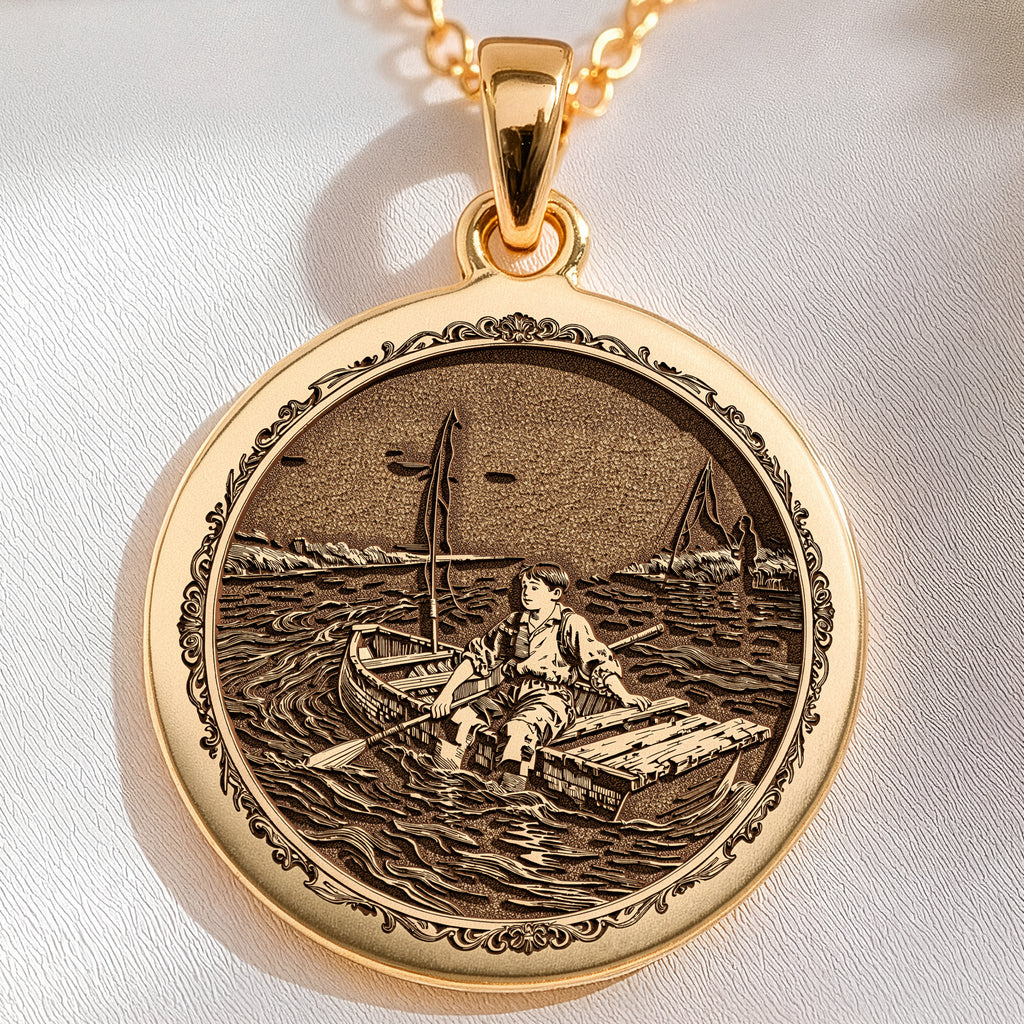 Huckleberry Finn Raft Scene Pendant Necklaces 14K 14K Gold Plated pendant featuring a vintage maritime scene of a figure in a boat.