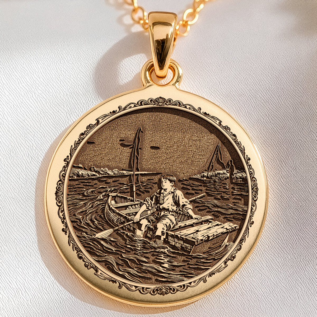 Huckleberry Finn Raft Scene Pendant Necklaces 14K 14K Gold Plated pendant featuring a vintage maritime scene of a figure in a boat.