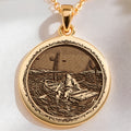 14K solid gold Huckleberry Finn Raft Scene Pendant: round  Huckleberry Finn literary ad...