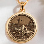 14K solid gold Huckleberry Finn Raft Scene Pendant: round  Huckleberry Finn literary ad...