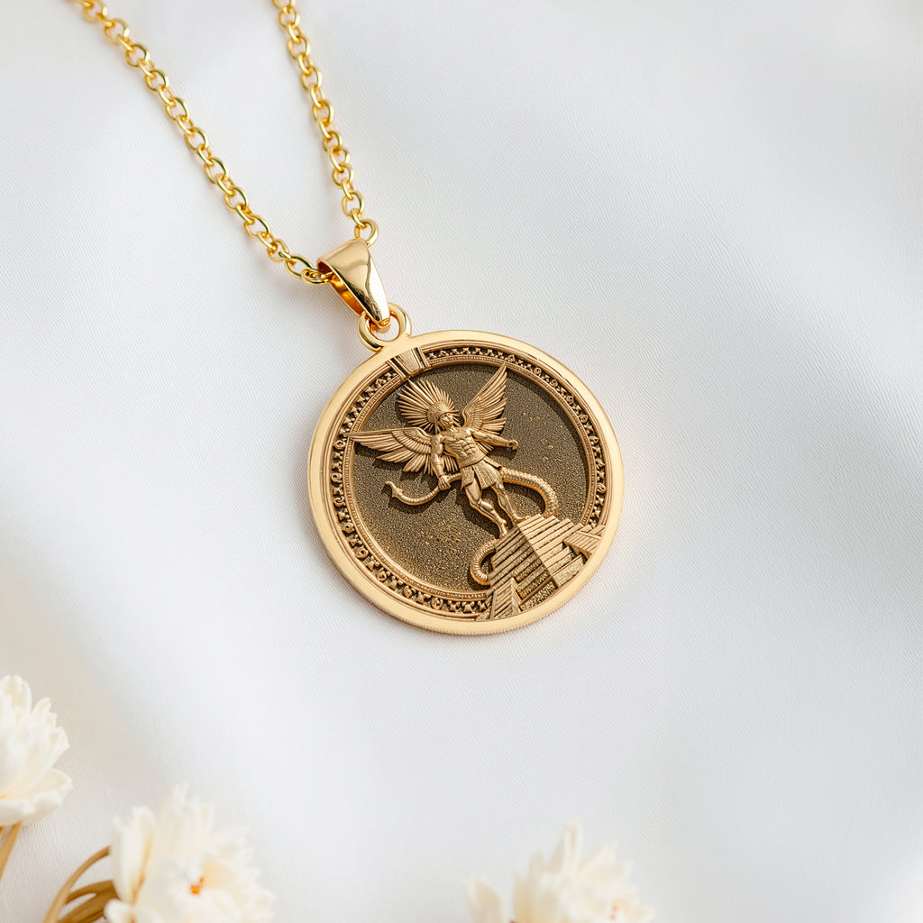 Aztec Sun God Huitzilopochtli Warrior Pendant in 14K Solid Gold 14mm — detail view — Shop Luminous Luxury Crafts