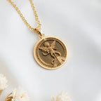 Aztec Sun God Huitzilopochtli Warrior Pendant in 14K Solid Gold 14mm — detail view — Shop Luminous Luxury Crafts
