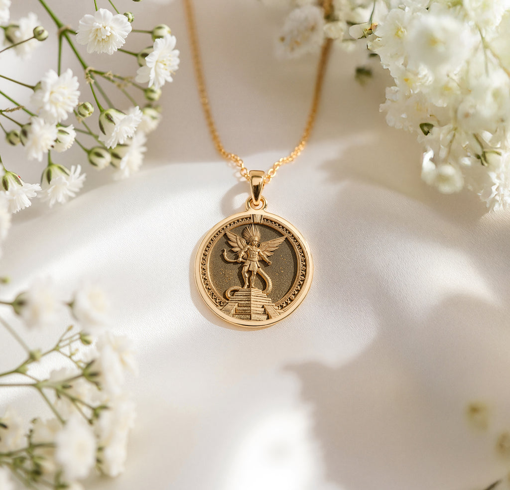 Aztec Sun God Huitzilopochtli Warrior Pendant in 14K Solid Gold 14mm — side view — Shop Luminous Luxury Crafts