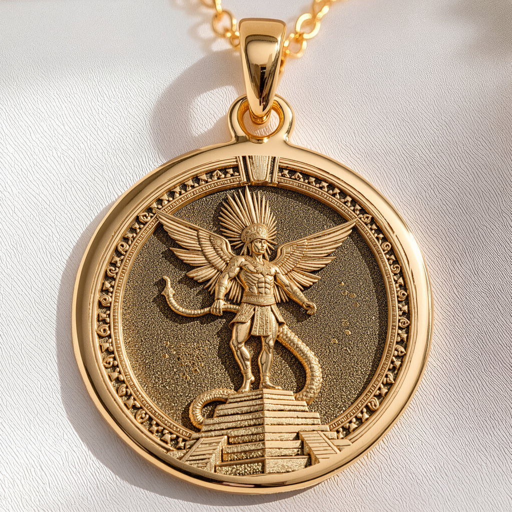 Aztec Sun God Huitzilopochtli Warrior Pendant in 14K Solid Gold 14mm — front view — Shop Luminous Luxury Crafts
