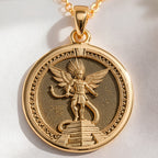 Aztec Sun God Huitzilopochtli Warrior Pendant in 14K Solid Gold 14mm — front view — Shop Luminous Luxury Crafts