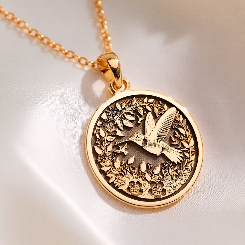 14K solid gold Hummingbird Dainty Bird Charm Pendant: round  hummingbird nature spirit ...