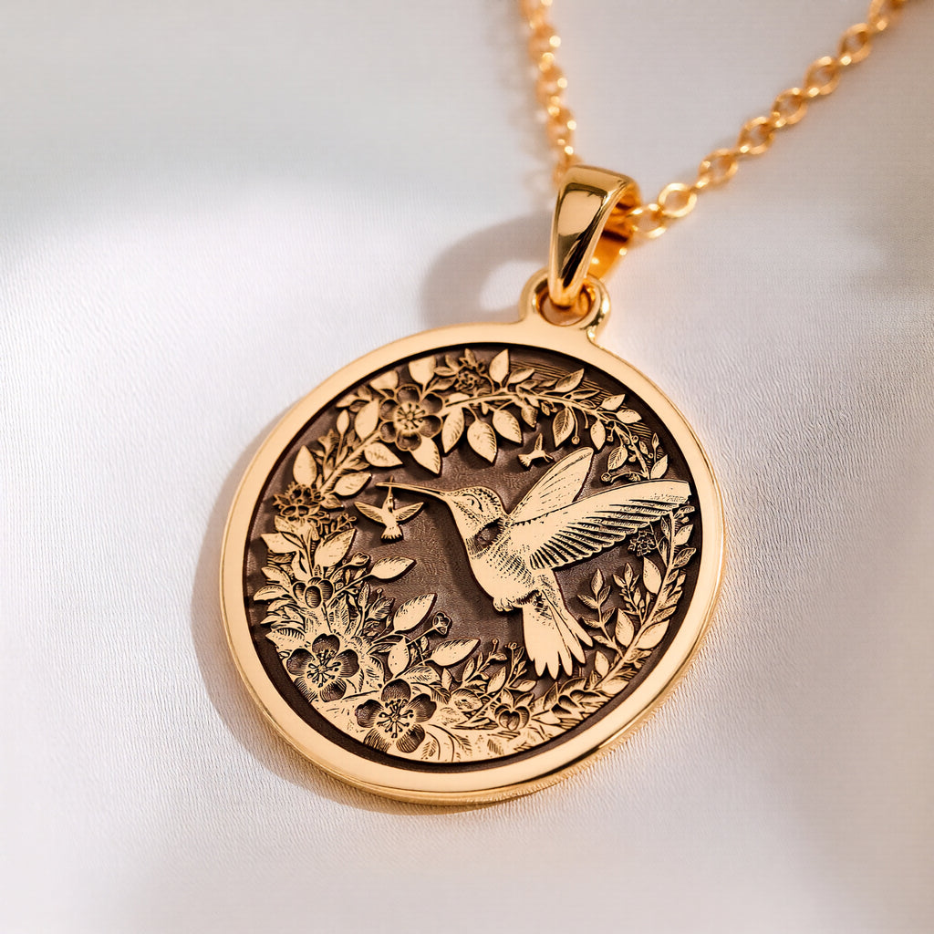 14K solid gold Hummingbird Dainty Bird Charm Pendant: round  engraved hummingbird in fl...
