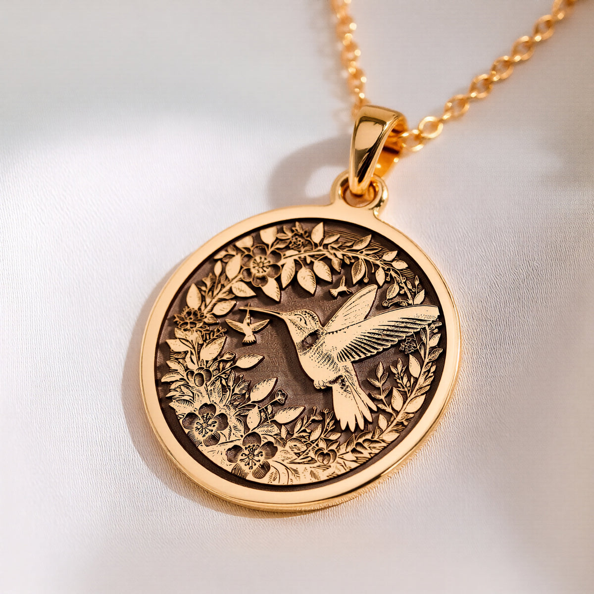 14K solid gold Hummingbird Dainty Bird Charm Pendant: round  engraved hummingbird in fl...