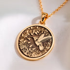 14K solid gold Hummingbird Dainty Bird Charm Pendant: round  engraved hummingbird in fl...