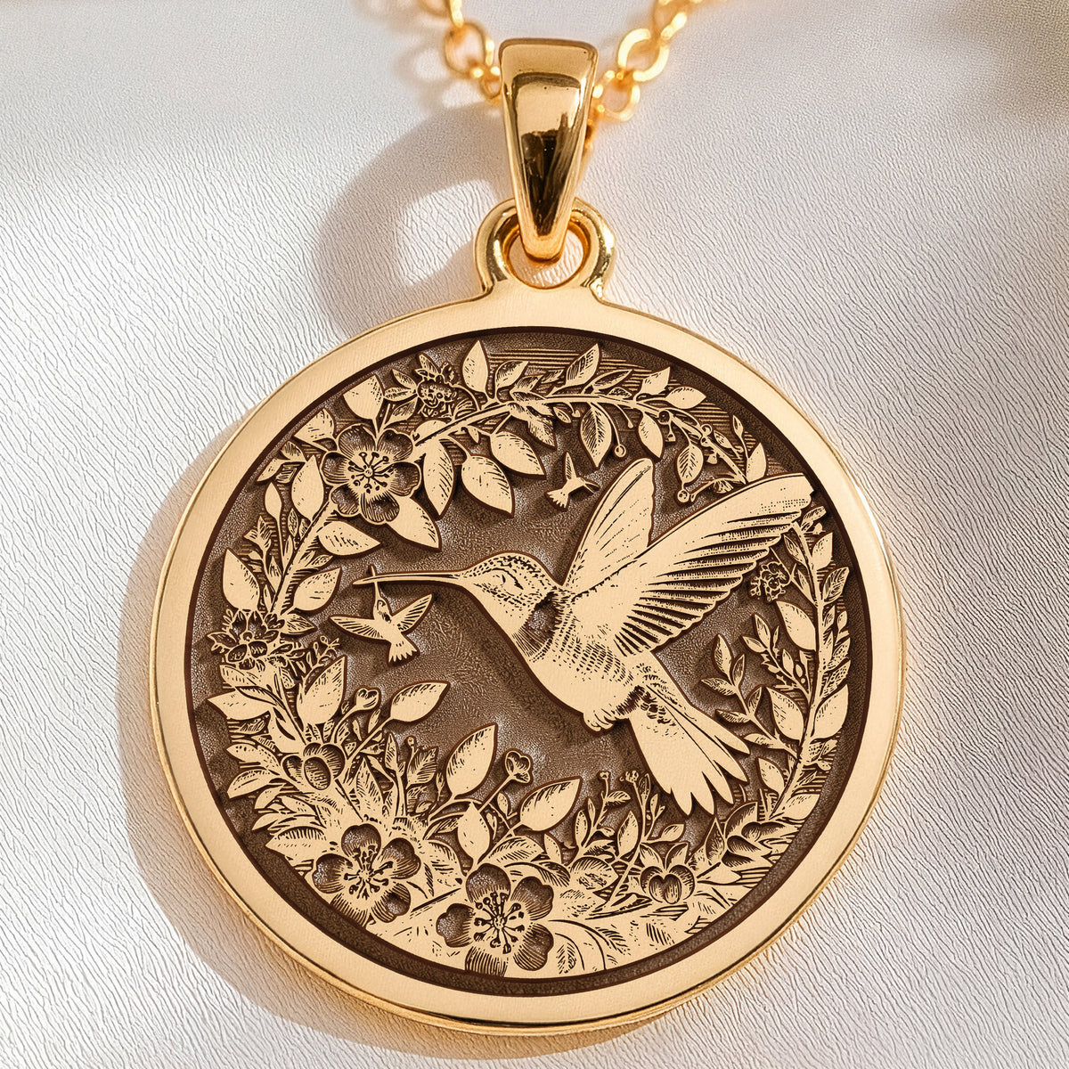 14K solid gold Hummingbird Dainty Bird Charm Pendant: round  detailed engraved hummingb...