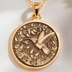 14K solid gold Hummingbird Dainty Bird Charm Pendant: round  detailed engraved hummingb...
