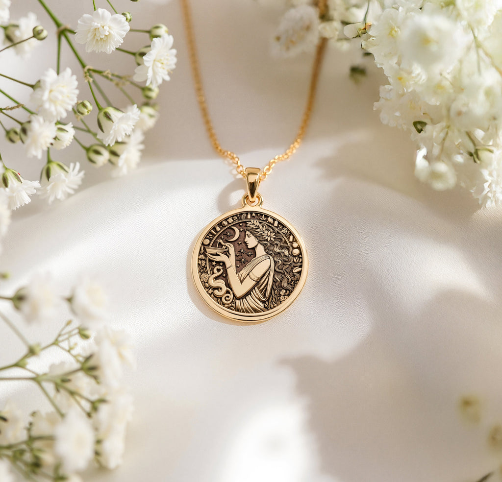 Hygieia Goddess Necklace Necklaces 14K 14K Gold Plated circular pendant featuring a classical female figure and floral wreath design.