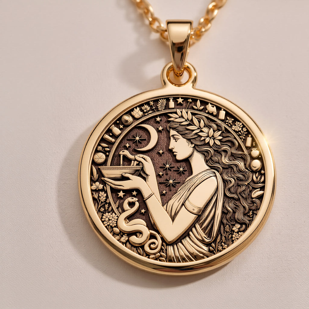 Hygieia Goddess Necklace Necklaces 925 925 Sterling Silver pendant necklace featuring an engraved classical female figure surrounded by floral wreath.