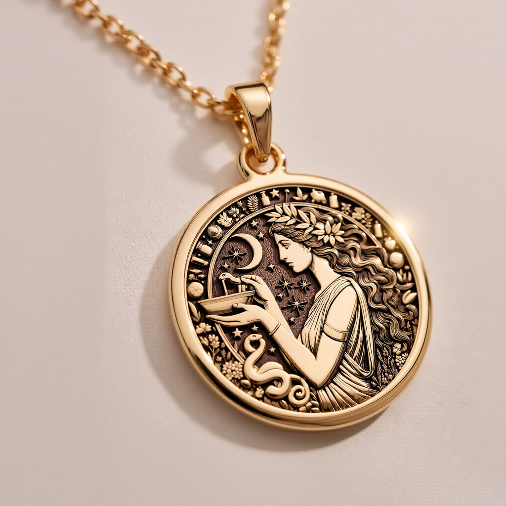 Hygieia Goddess Necklace Necklaces Rose 14K Rose 14K 14K Rose 14K 14K Rose Gold Plated round pendant featuring an engraved classical female portrait with floral wreath.