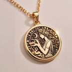 Hygieia Goddess Necklace Necklaces Rose 14K Rose 14K 14K Rose 14K 14K Rose Gold Plated round pendant featuring an engraved classical female portrait with floral wreath.