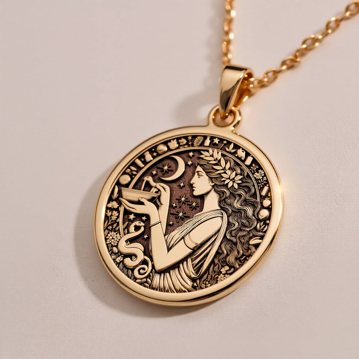 Hygieia Goddess Necklace Necklaces 14K Rose 14K 14K Rose Gold Plated pendant necklace featuring an engraved woman design with floral scrollwork on a round disc.