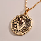 Hygieia Goddess Necklace Necklaces 14K Rose 14K 14K Rose Gold Plated pendant necklace featuring an engraved woman design with floral scrollwork on a round disc.