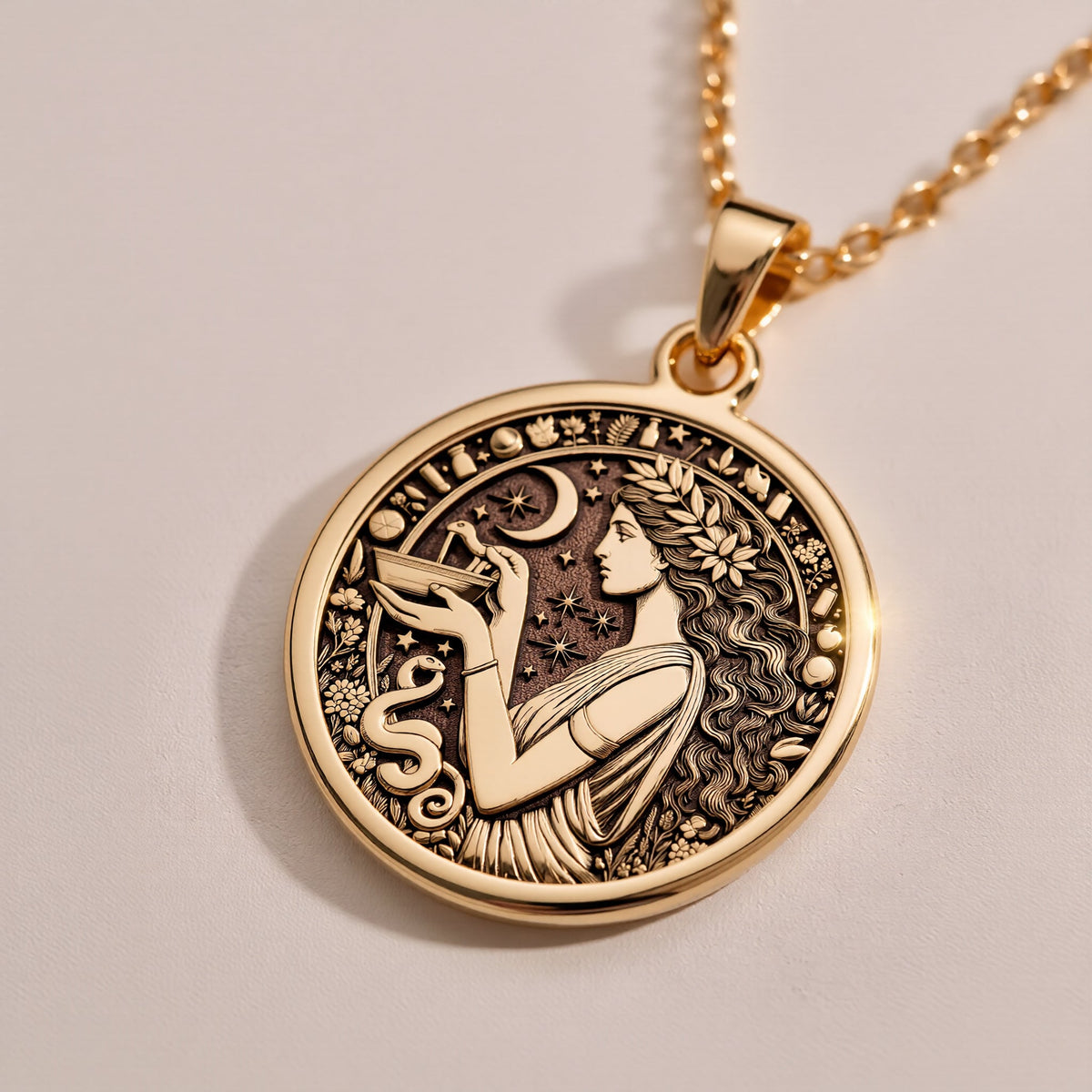 Hygieia Goddess Necklace Necklaces 925 925 Sterling Silver metal pendant with stylized face design and chain length chart.