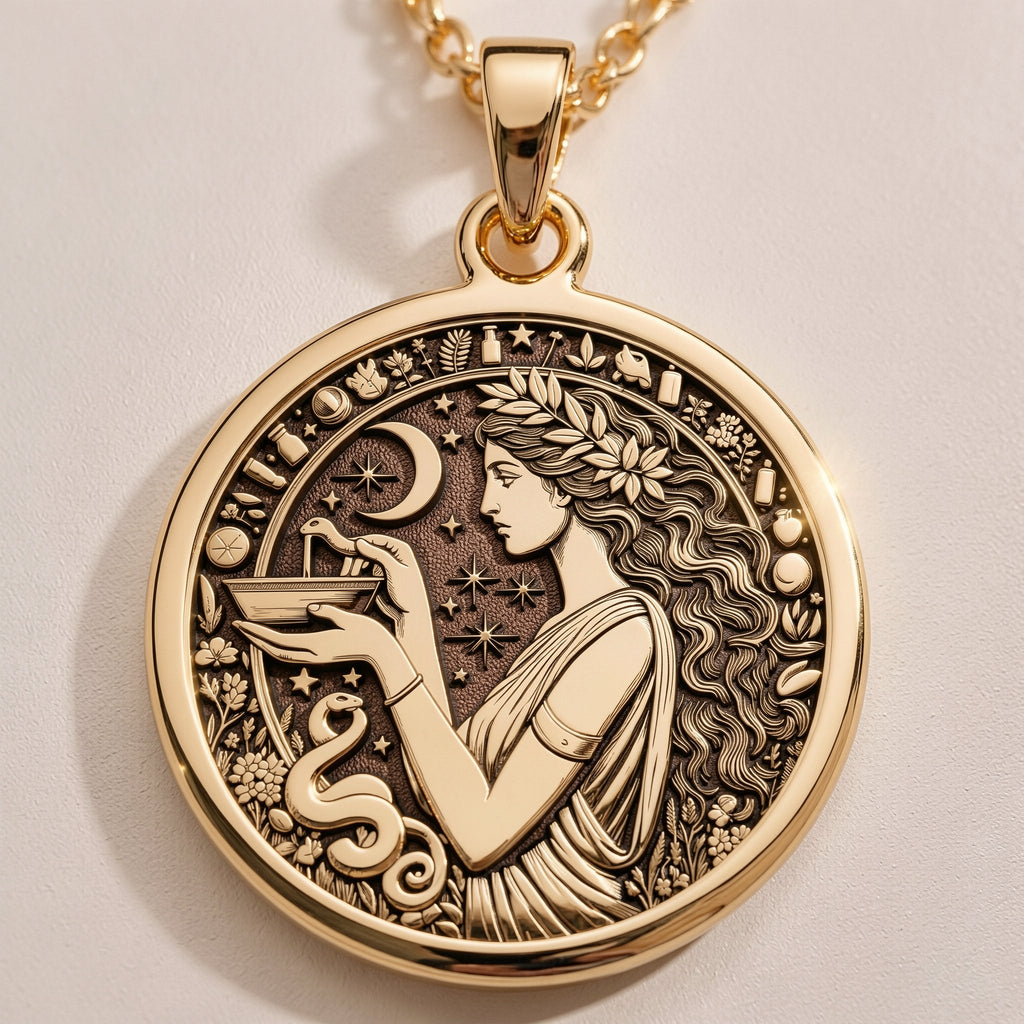 Hygieia Goddess Necklace Necklaces 14K 14K Gold Plated engraved round pendant necklace options featuring personalized text and various metal finishes.