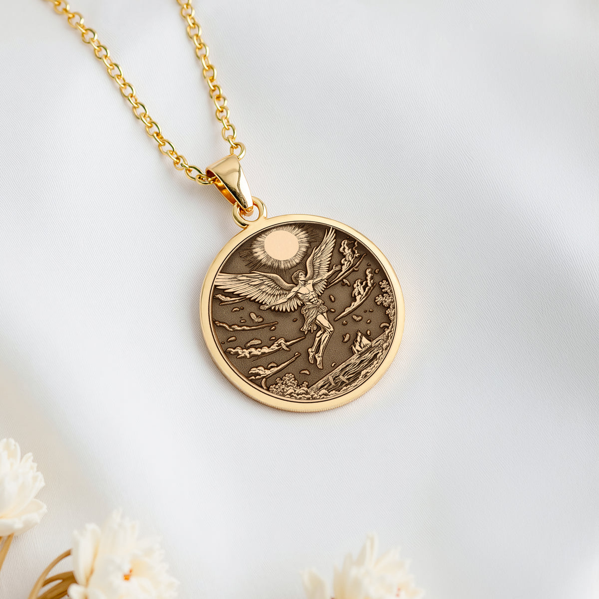 14K solid gold Icarus Medallion Necklace: round  of Icarus Greek mythological figure wi...