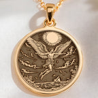Icarus Melting Wings Pendant Necklaces 14K 14K Gold Plated pendant featuring a winged angel flying over water with a sun illustration.