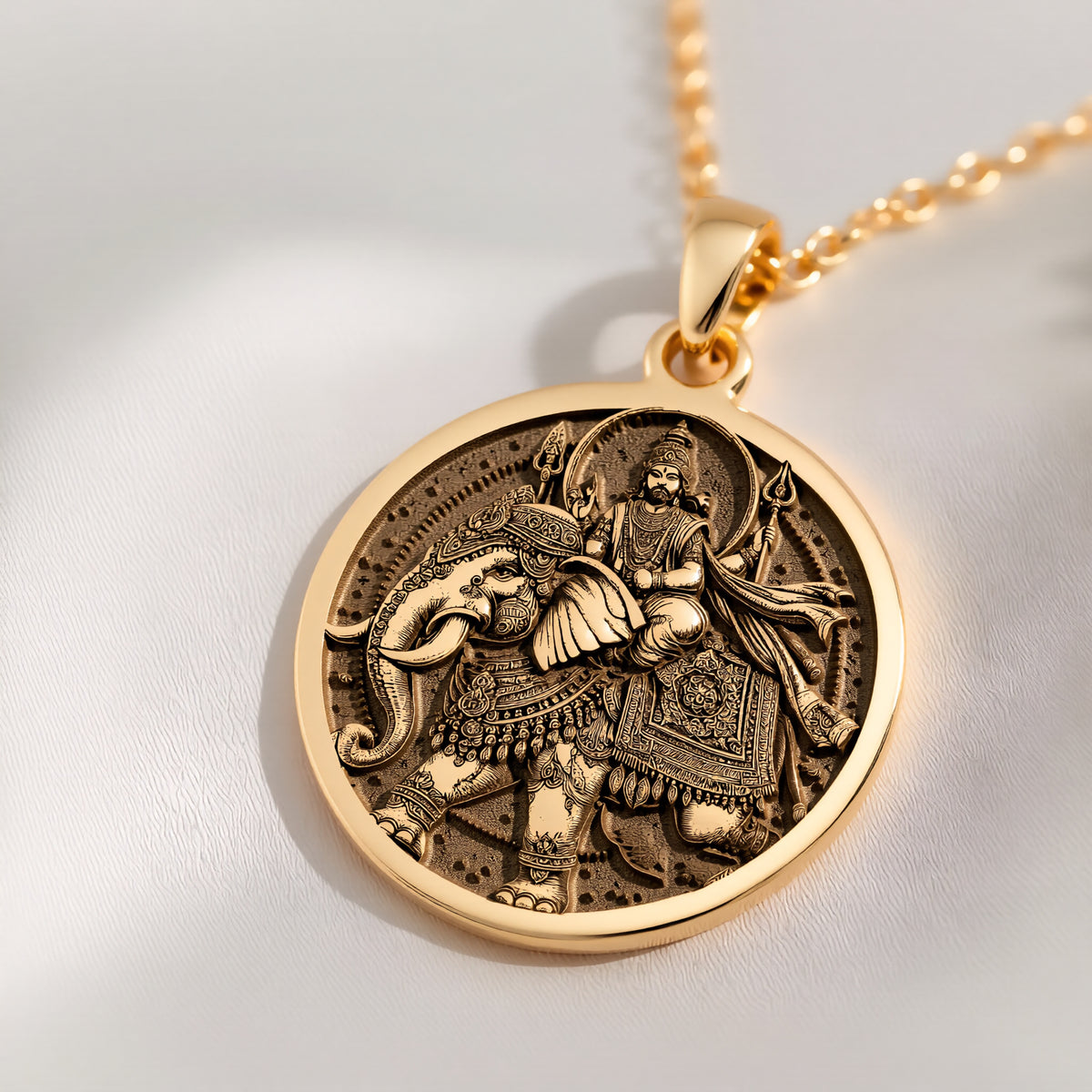 14K solid gold Indra God Vajra Thunderbolt Pendant: round  of Hindu god Indra with engr...
