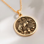 14K solid gold Indra God Vajra Thunderbolt Pendant: round  of Hindu god Indra with engr...