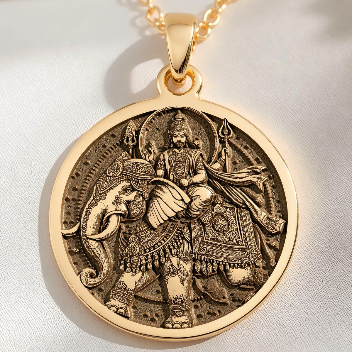 14K solid gold Indra God Vajra Thunderbolt Pendant: round  of Indra Hindu god with engr...