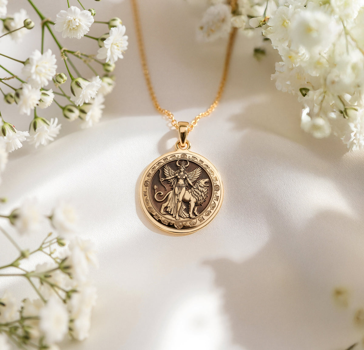 14K solid gold Star of Ishtar Goddess pendant. Polished ancient mythology celestial protection necklace. Gold star jewelry.