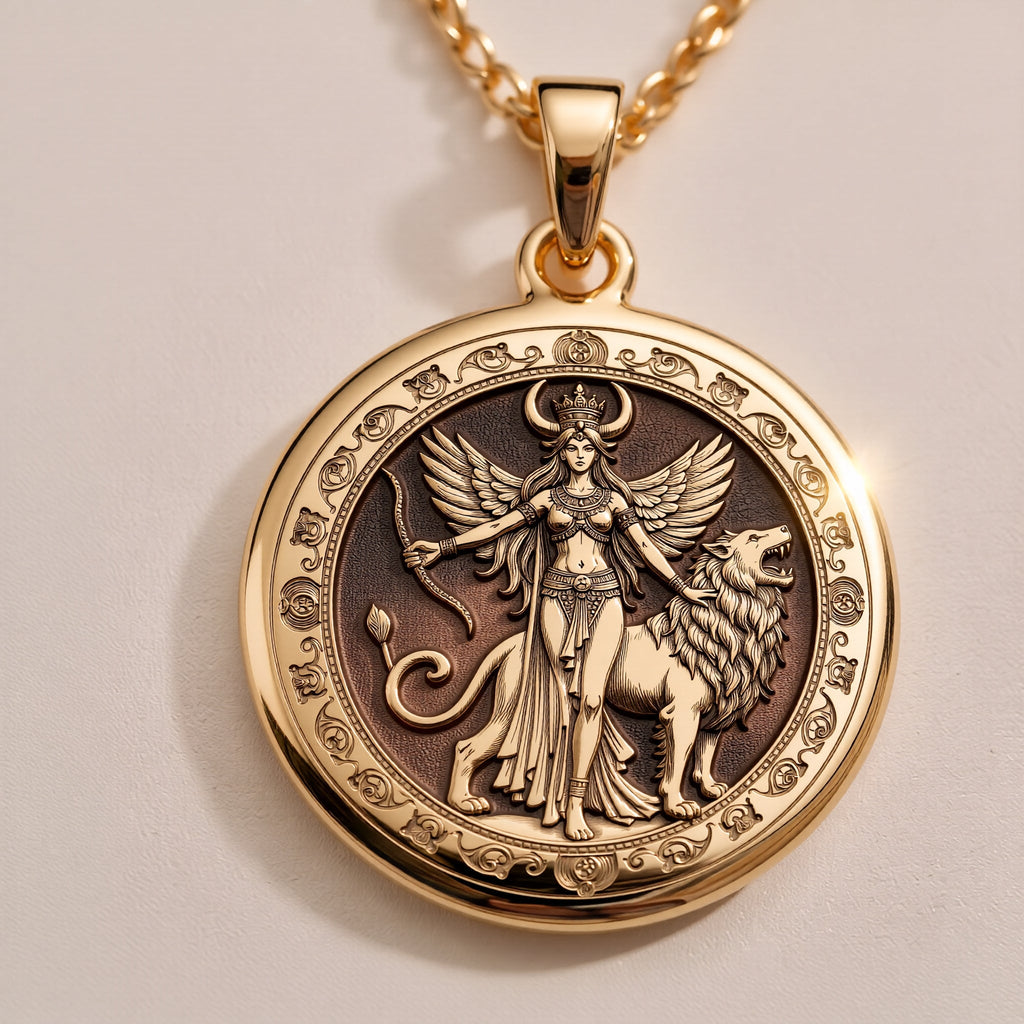 14K solid gold Star of Ishtar Goddess pendant necklace. Polished celestial mythology jewelry and ancient protection design.