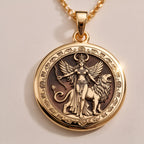 14K solid gold Star of Ishtar Goddess pendant necklace. Polished celestial mythology jewelry and ancient protection design.