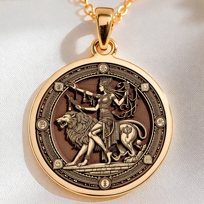 Ishtar Babylonian Goddess Medallion Pendant Necklaces 14K 14K Gold Plated circular pendant featuring a female figure riding a lion with intricate ancient motifs.