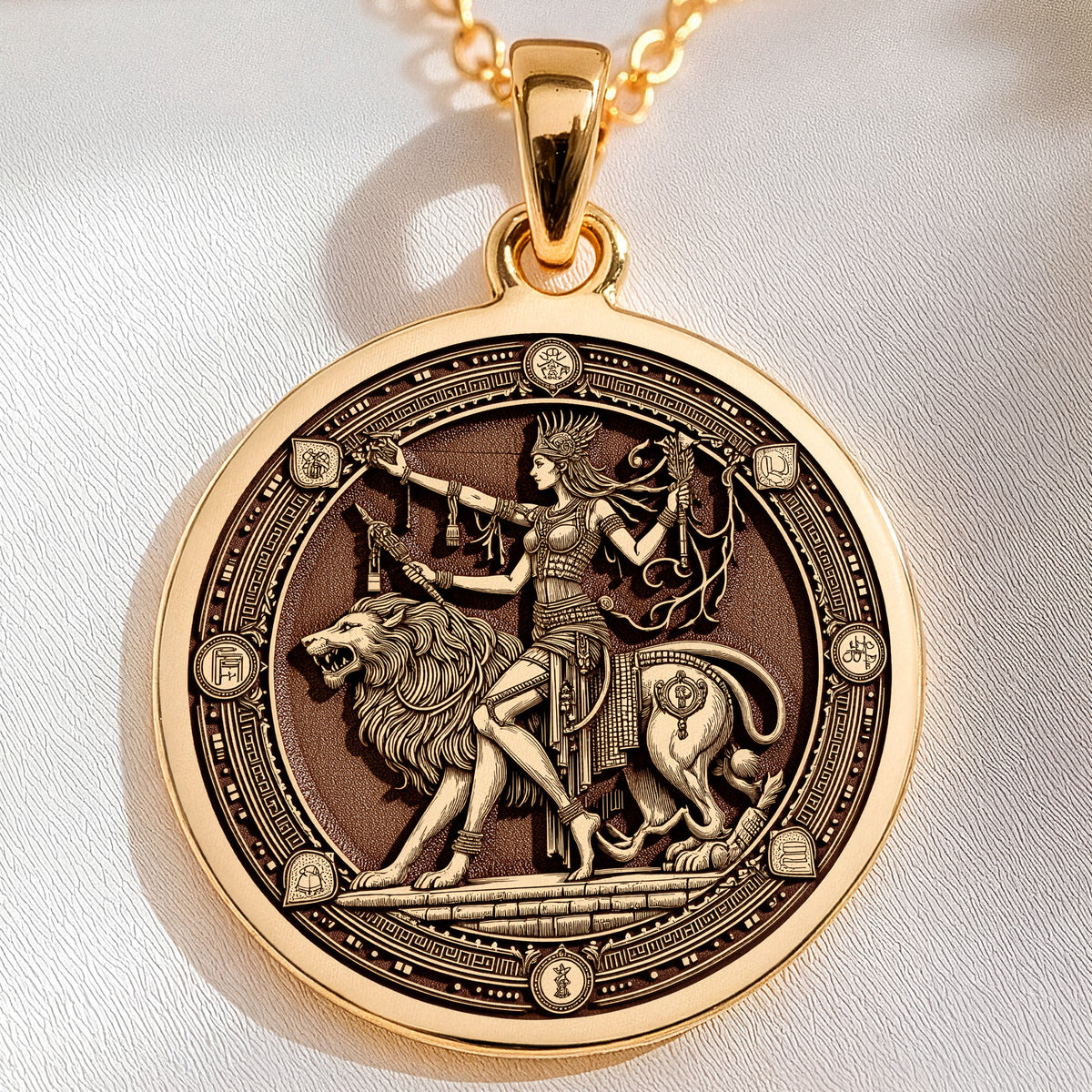 Ishtar Babylonian Goddess Medallion Pendant | 14K Solid Gold - Ancient Mythology Protection Talisman