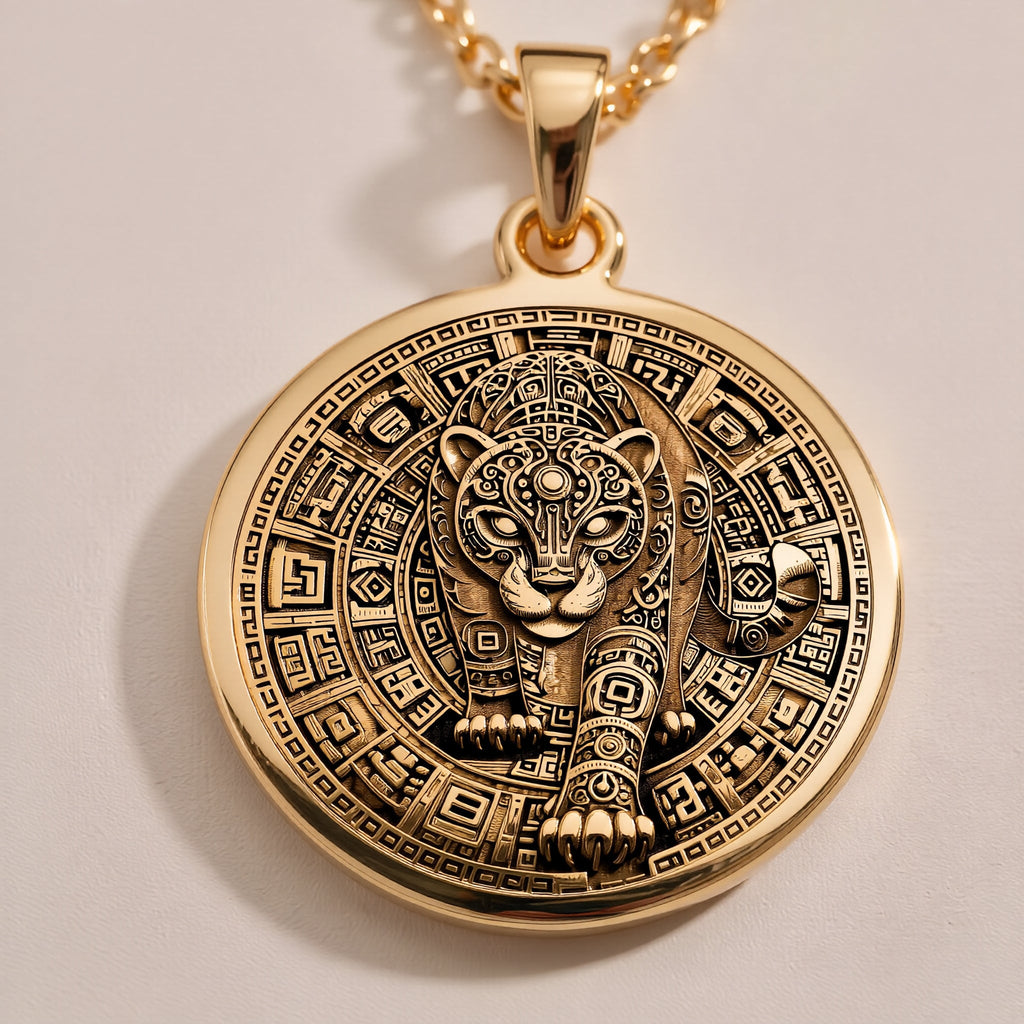 An elegant rose gold plated tarot card pendant depicting a jaguar portrait. This engraved piece is a tribute to Mayan and Aztec mythology, a perfect piece of wearable art.