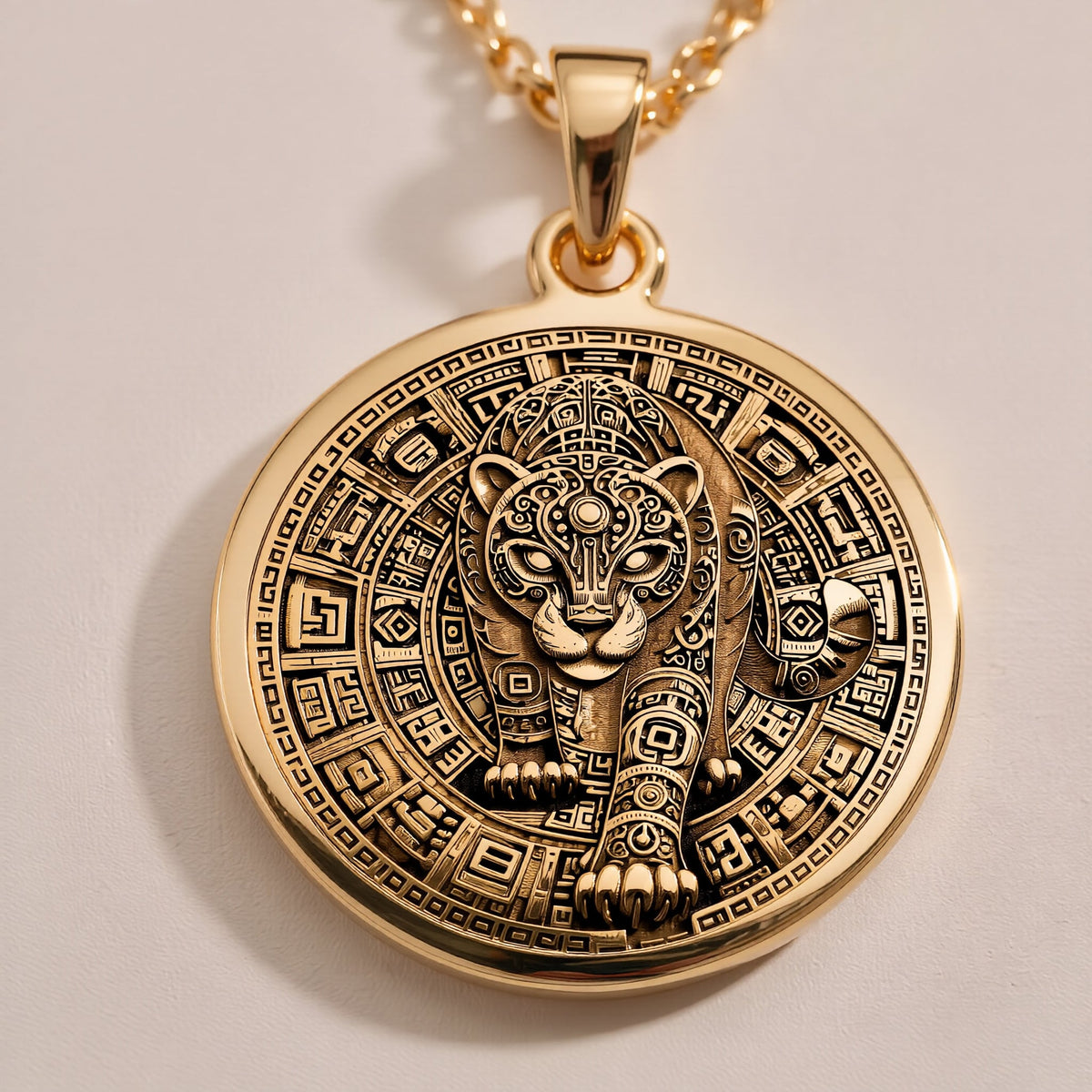 An elegant rose gold plated tarot card pendant depicting a jaguar portrait. This engraved piece is a tribute to Mayan and Aztec mythology, a perfect piece of wearable art.
