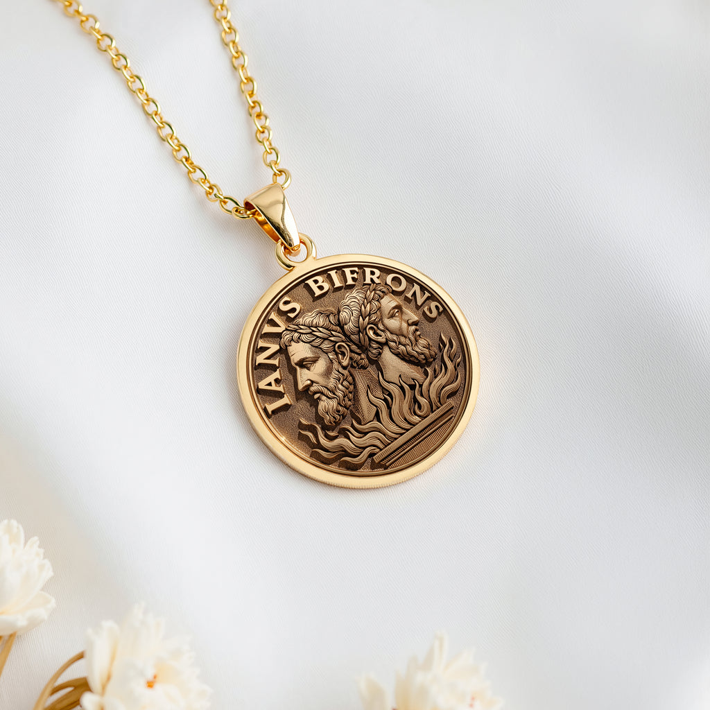 14K solid gold Janus Two: round  of Janus Roman god of doorways with engraved dual-face...