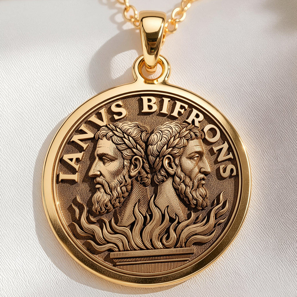 14K solid gold Janus Two: round  of Janus Roman god of beginnings with engraved dual-fa...