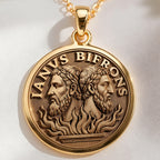 14K solid gold Janus Two: round  of Janus Roman god of beginnings with engraved dual-fa...