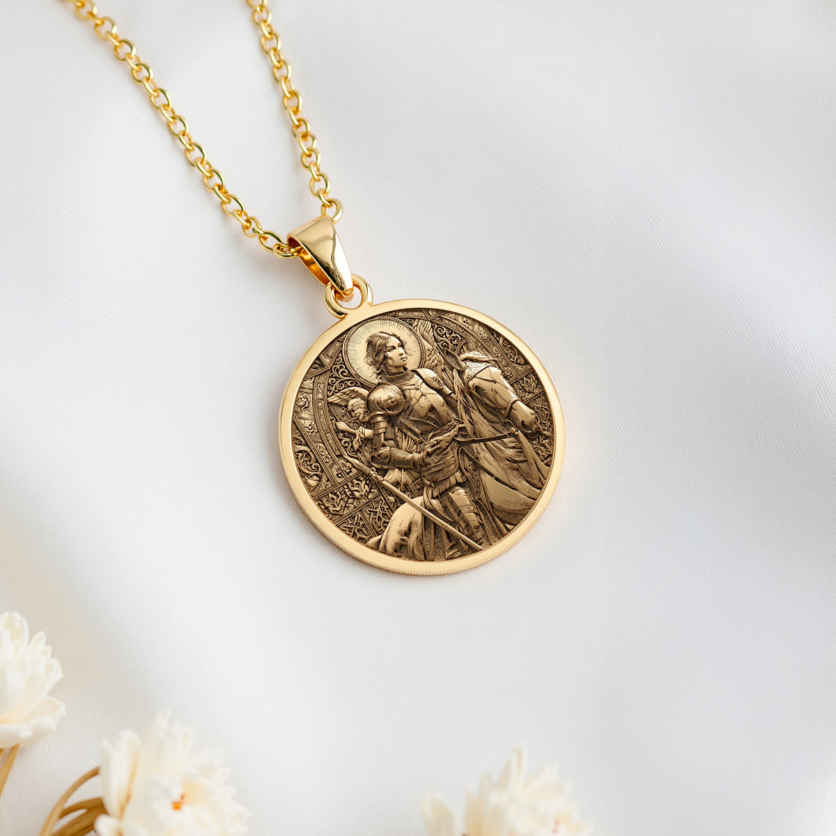 14K solid gold Joan of Arc Saint of Courage Pendant: round  of Joan of Arc French histo...