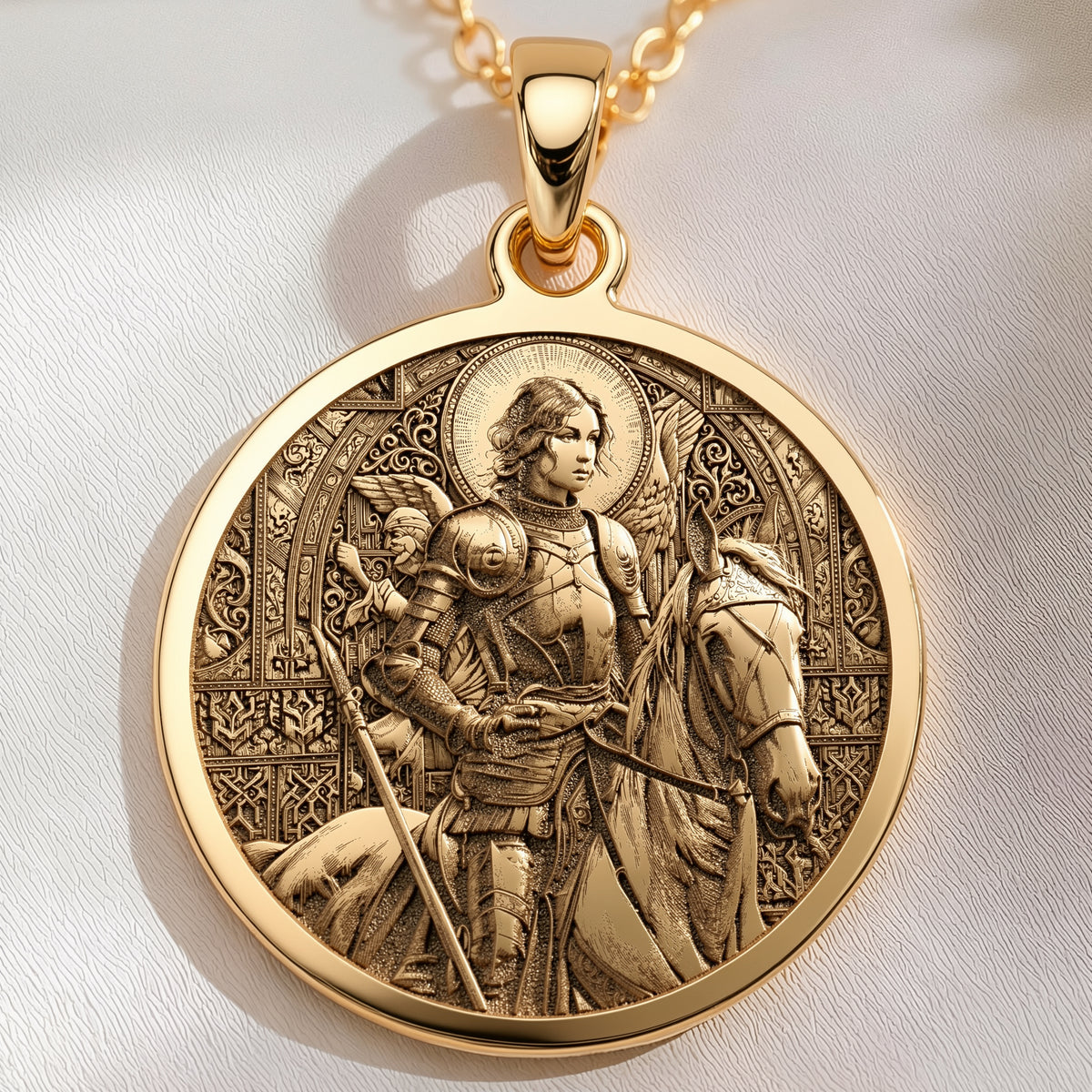 14K solid gold Joan of Arc Saint of Courage Pendant: round  of Joan of Arc French histo...