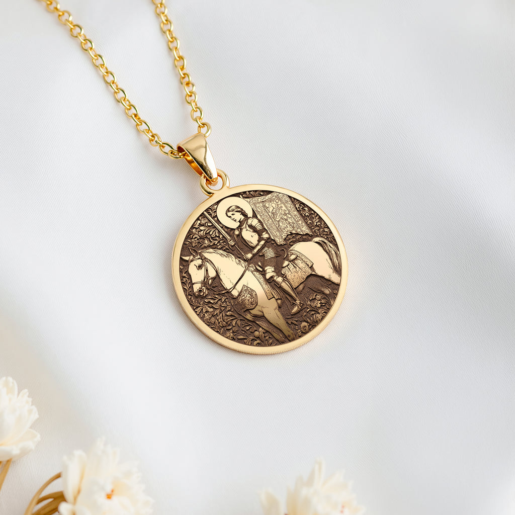 14K solid gold Equestrian Saint Joan of Arc Pendant: round  of Saint Joan of Arc equest...