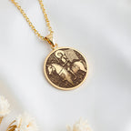 14K solid gold Equestrian Saint Joan of Arc Pendant: round  of Saint Joan of Arc equest...