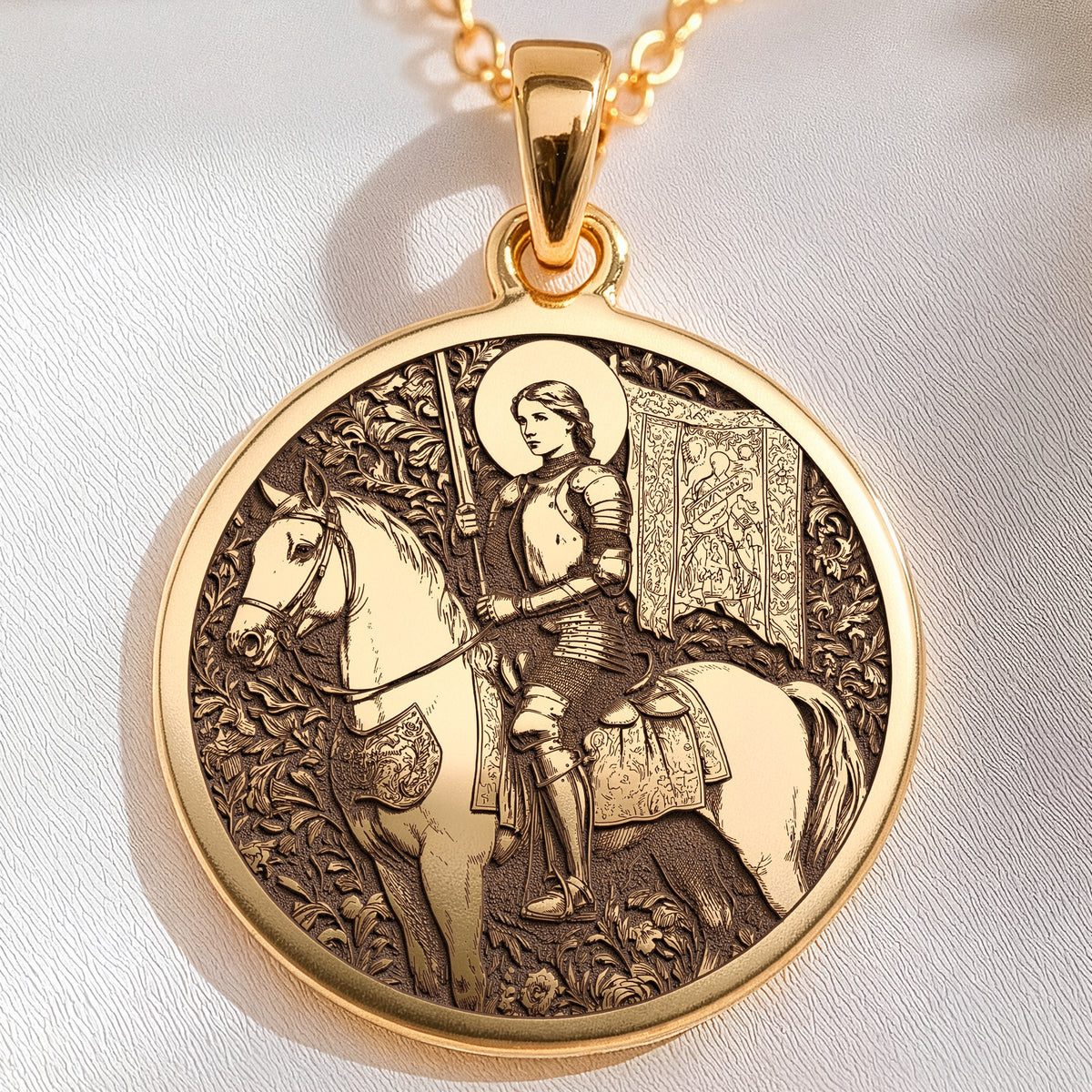 14K solid gold Equestrian Saint Joan of Arc Pendant: round  of Saint Joan of Arc French...